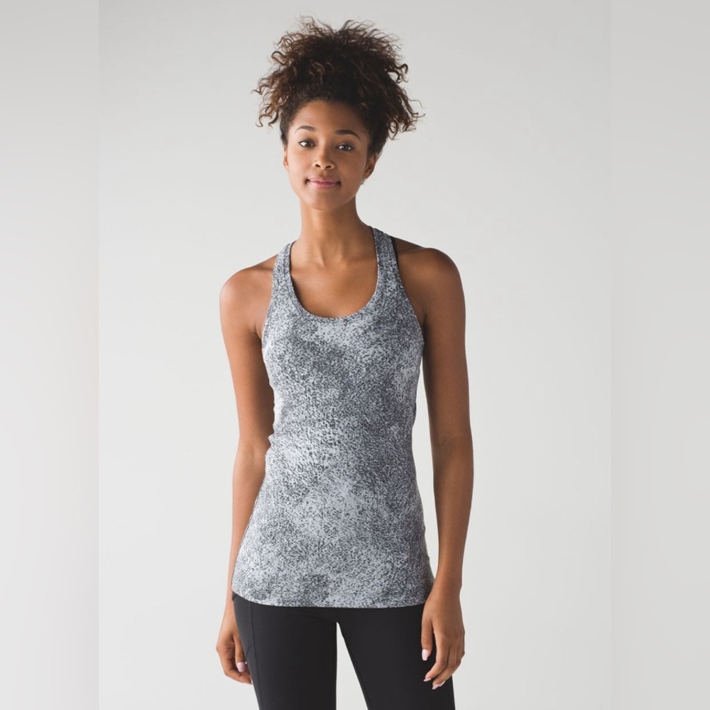 Lululemon Womens Cool Racerback II Luon Spray Jacquard White Black Tank Top Sz 4